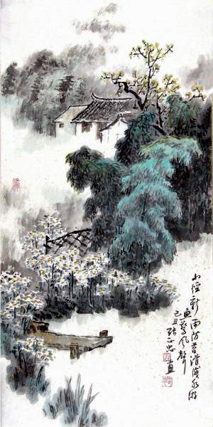 张正忠田园山水画 小径新雨