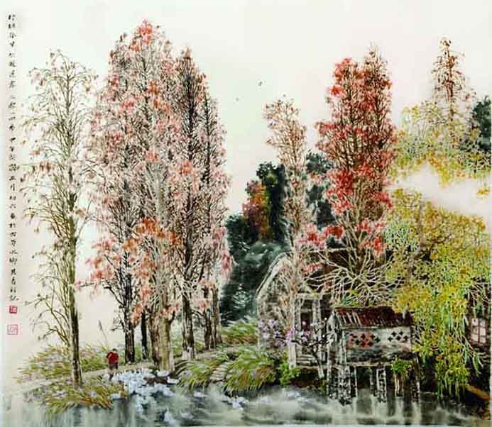 当代田园山水画 叶其青 村塘春早